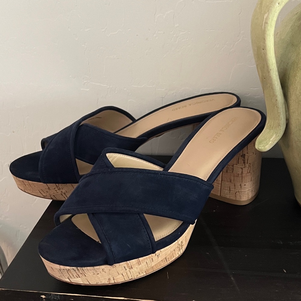 Veronica Beard Navy Suede Cork Platform Mules